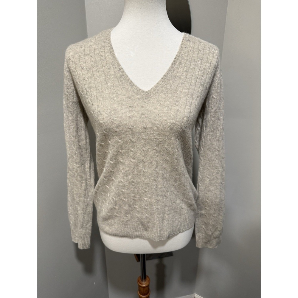 J.Crew Sweater Women‎ Medium Oatmeal Beige 100% Cashmere V-Neck Cable Knit Soft